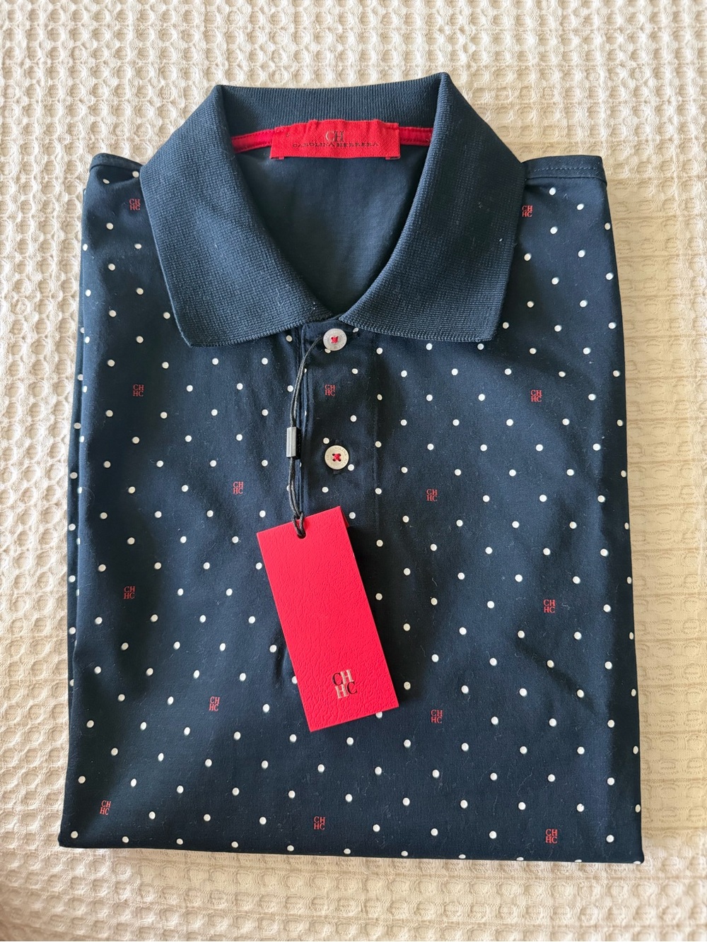 Authentic Carolina Herrera Navy Polo with White Polka Dots and Red Accents